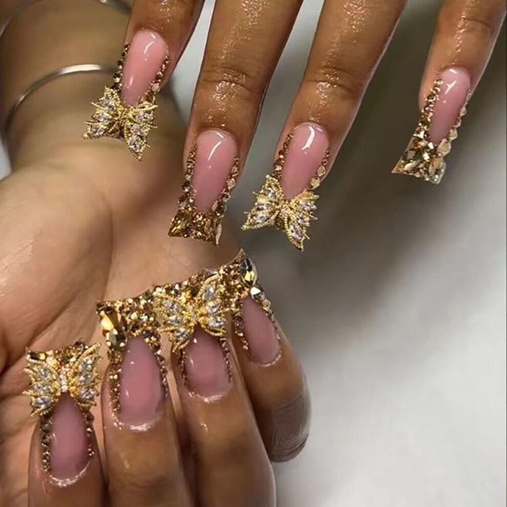 Press On Nails French Tip Duckbill with Gold Diamonds Butterfly Design Reusable Fake Nails Set for Women 24PCS