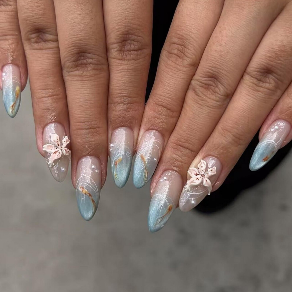 Blue Medium Almond Press On Nails 3D Ombre Glitter Acrylic False Nails With Designs For Women 24Pcs