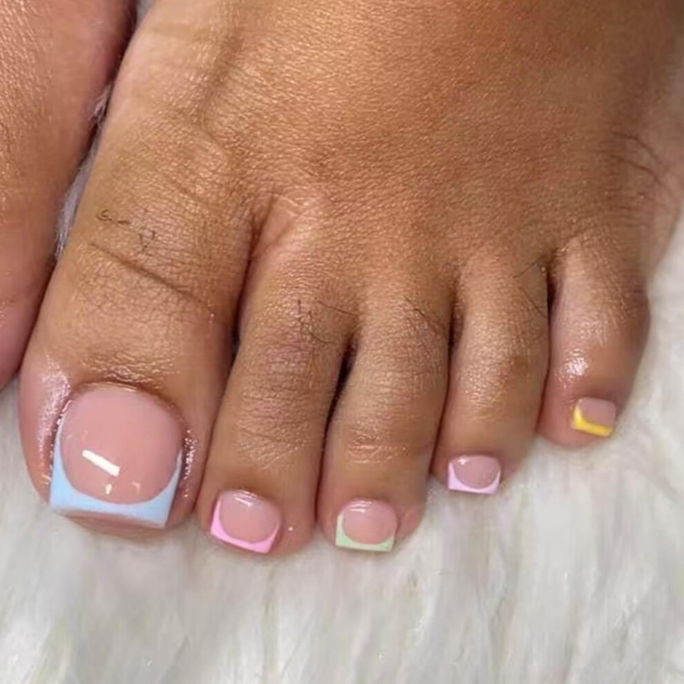 Pink,Cream Colorful French Tip Press On Toenails Short Square Nude Pink Fake Toenails Reusable 24Pcs