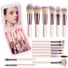 15Piece Travel Makeup Brush Set with ThreeColor LED Rotating Mirror, Rechargeable, Pink