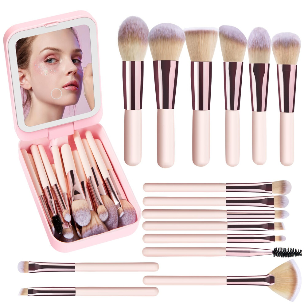 15Piece Travel Makeup Brush Set with ThreeColor LED Rotating Mirror, Rechargeable, Pink