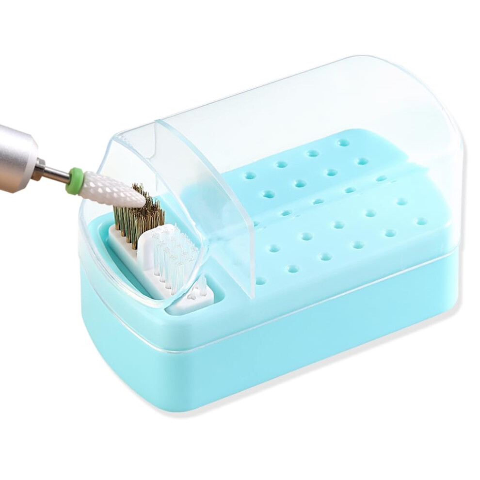 Blue 2 In 1 Nail Drill Bit Holder And Cleaner, 30Hole Organizer With Steel Wire And Nylon Brushes