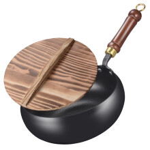 Iron Wok with Wooden Lid, 9.45 Inch Carbon Steel Flat Bottom Pan for Gas Stove, Even Heat Cooking
