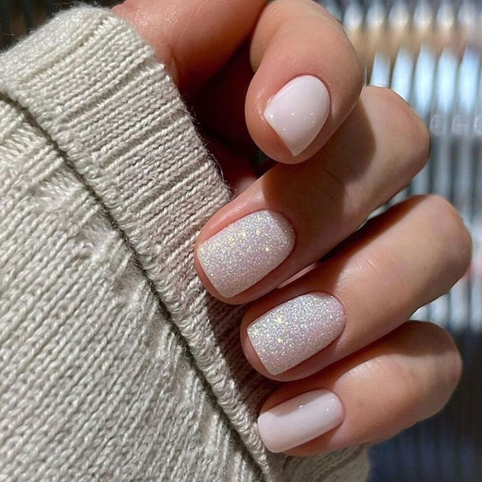 Short Square Press on Nails Pink Glitter Fake Nails Full Cover Artificial Nails for Women 24Pcs