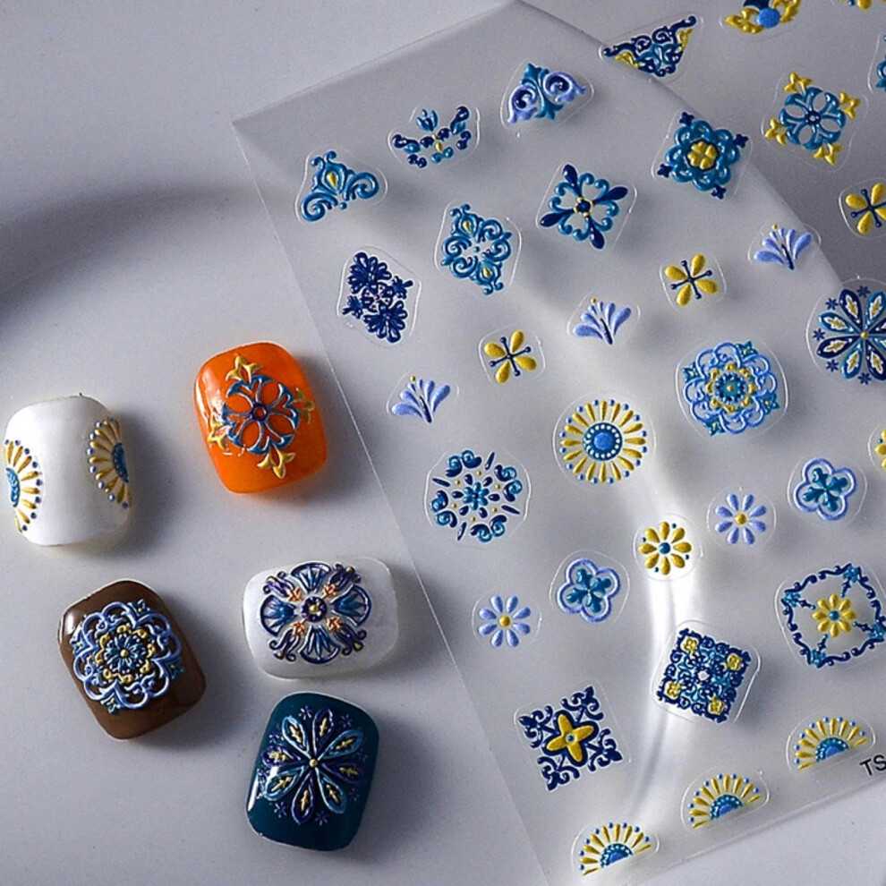 Blue Nail Art Stickers 5D Embossed Floral Nail Decals Bohemian Selfadhesive Nail Decorations For Women