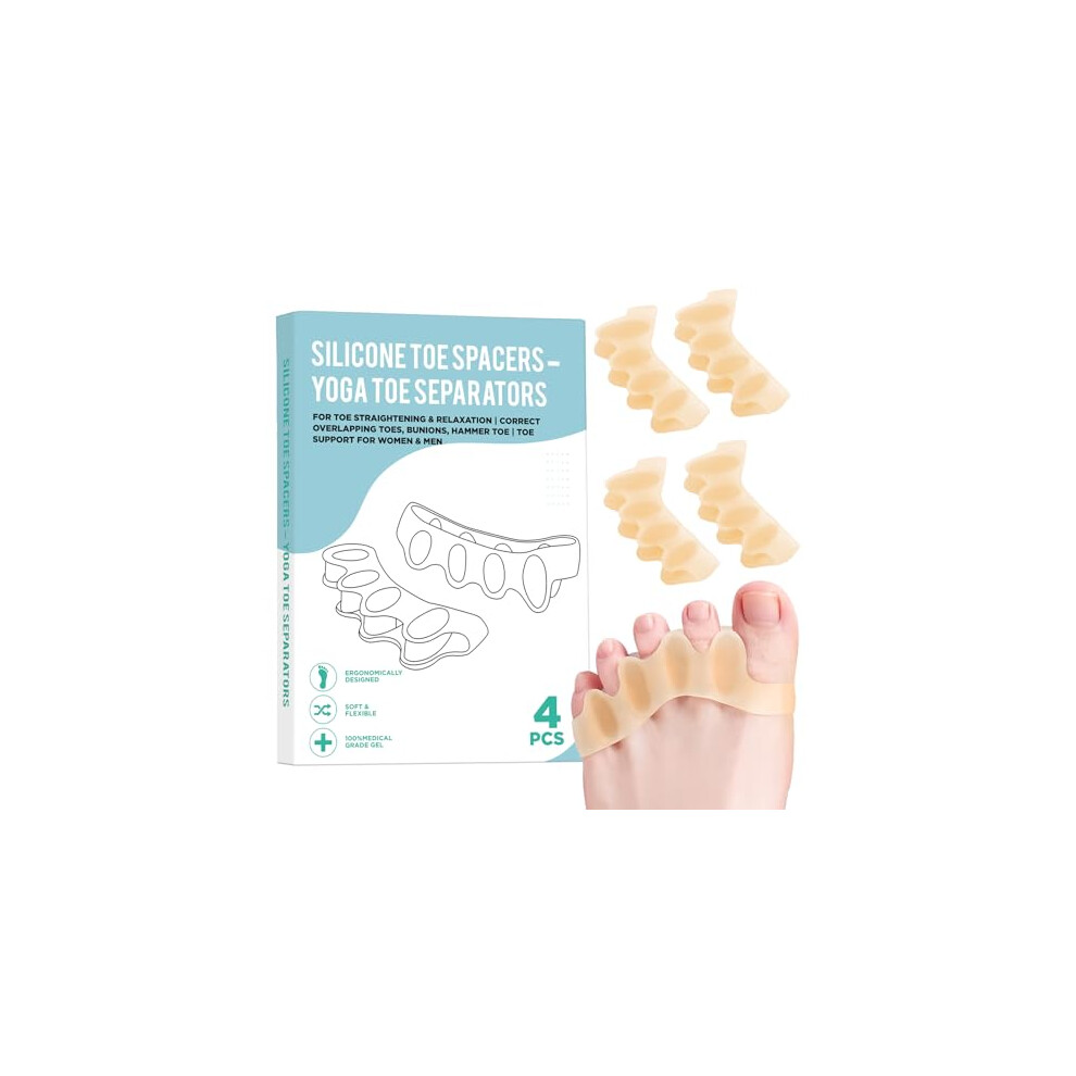 4 Pcs Silicone Toe Separators for Bunion Relief and Alignment, Correct Overlapping Toes, Tan 6.5