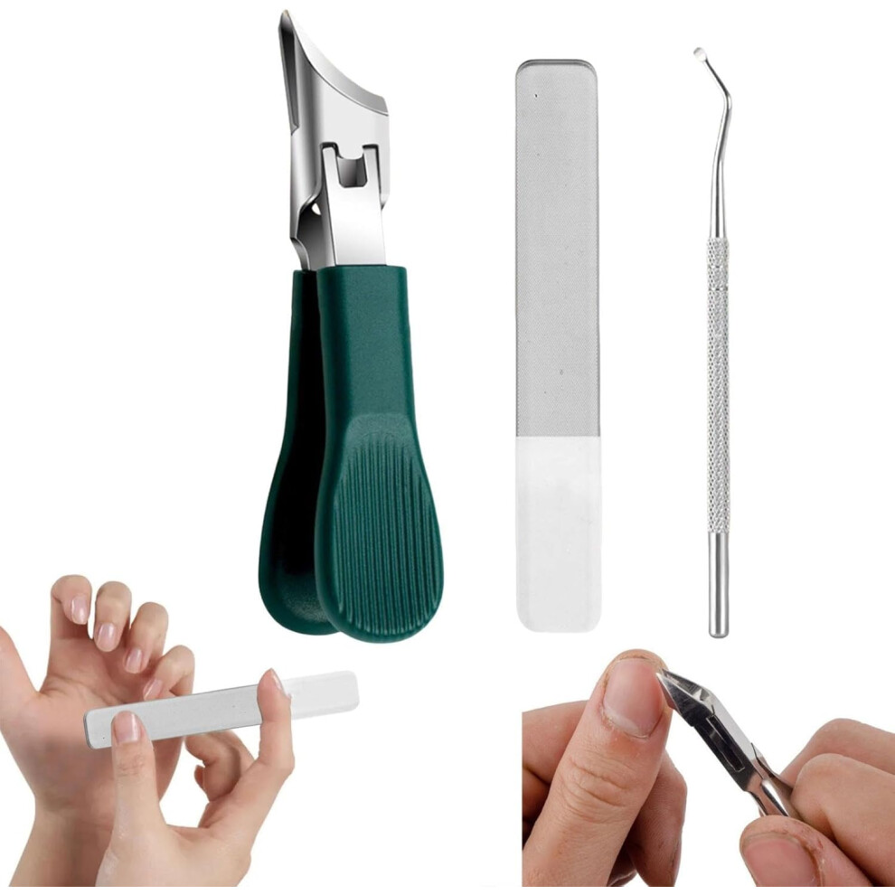 Green Wide Jaw Nail Clippers For Thick Toenails Seniors, Long Handle Antisplash Slanted Blades, 3Pcs