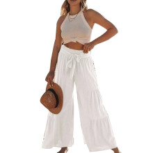 Long Trousers For Women, Wide Leg Linen Palazzo Culottes High Waist Elastic Tie Design Pure Color Natural Wrinkles Textured Fabrication Bohemian