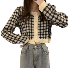 Comfortable Women's Long Sleeve Cardigan Sweater Plaid Pattern Crewneck Button Down Casual Outwear Ribbed Cuffs Color Block Design Soft Fabric for