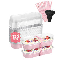 150 Pack 6.8 oz Pink Disposable Mini Loaf Pans with Lids and Spoons, Aluminum Baking Pans for Bread and Cakes