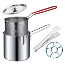 304 Stainless Steel Deep Fryer 1.2L with Mesh Strainer and Integrated Oil Drainage for Home Kitchen