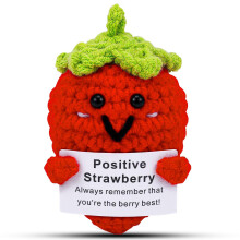 Crochet Strawberry Plush Handmade Gift with Uplifting Affirmation Card for Desk Decor and Support