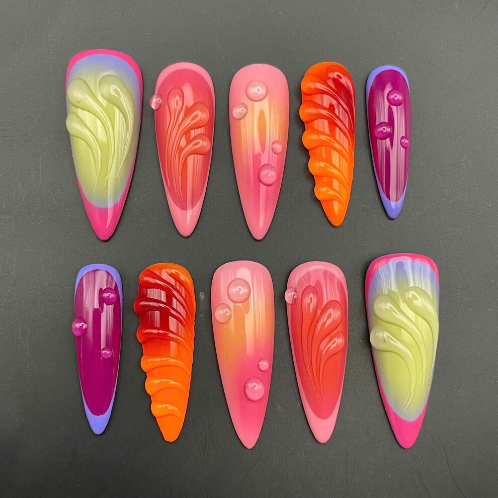 Gradient Press On Nails with Vibrant 3D Accents, Reusable NoGlue SalonQuality Finish