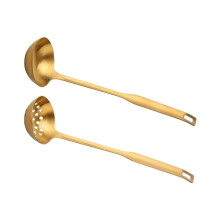 Gold Soup Ladle Set Stainless Steel Long Handle Strainer 2 Piece Rust Resistant Kitchen Utensils