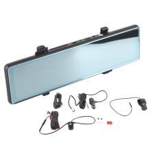 Multifunctionele dashcam met touchscreen, achteruitkijkspiegelcamera, draadloze CarPlay, Android Auto, spraakbediening, mobiele app en parkeerfunctie.