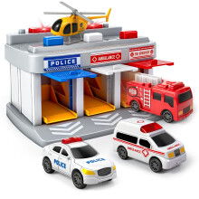 Rescue Station Toy Set with Sound and Light, 4 in 1 Kids Garage Playset, Fire Truck Police Car Helicopter