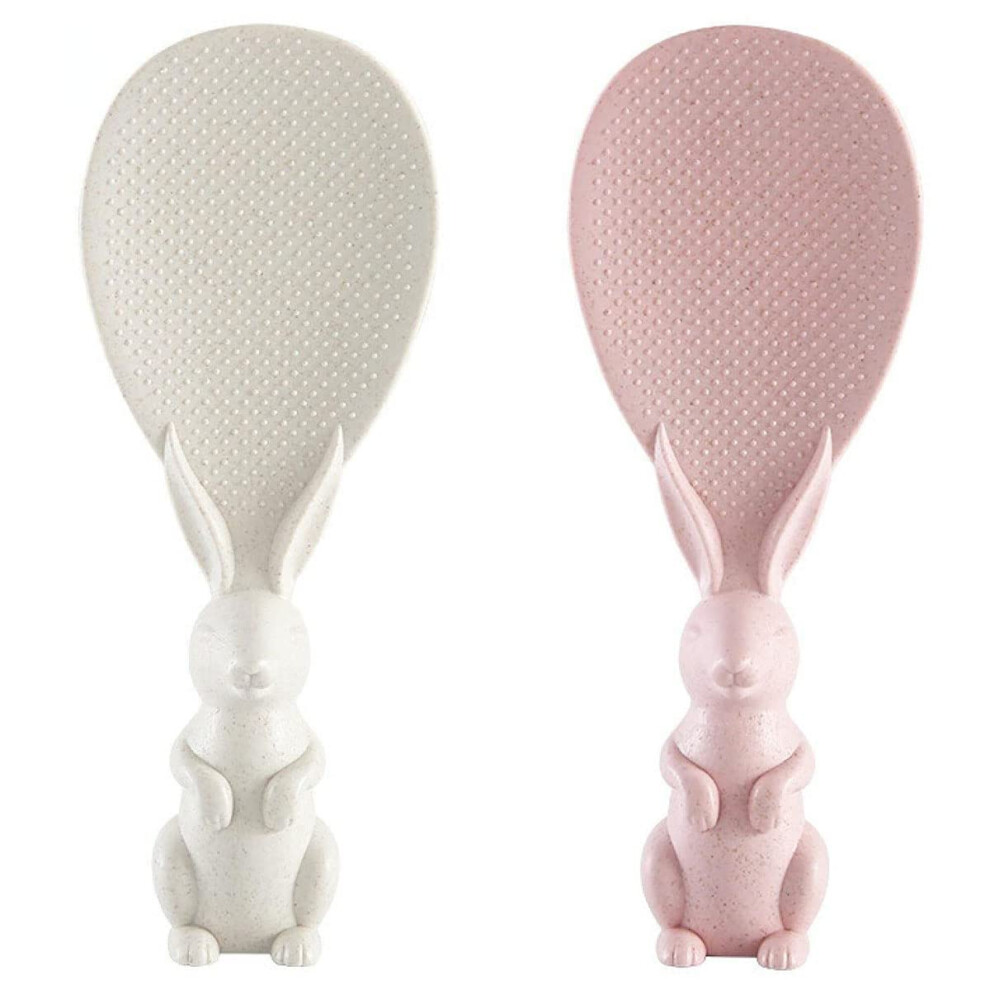 Non Stick Rice Paddle Set With Standup Bunny Design, Cute Rice Serving Spoon And Beige/Pink