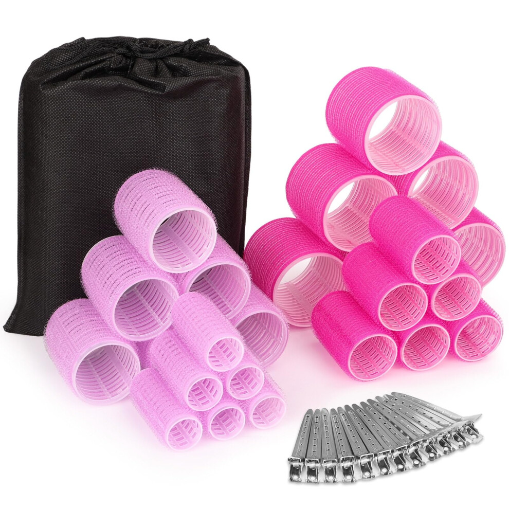 Pink Hair Rollers Set With Clips, 36Pcs Self Grip Curlers In 4 Sizes For No Heat Styling,