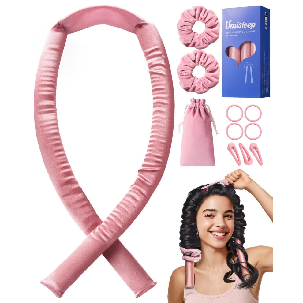 Pink 22 Momme Mulberry Silk Heatless Hair Curler For Long Hair, Overnight Curling Rod Set With Clips And Scrunchies,