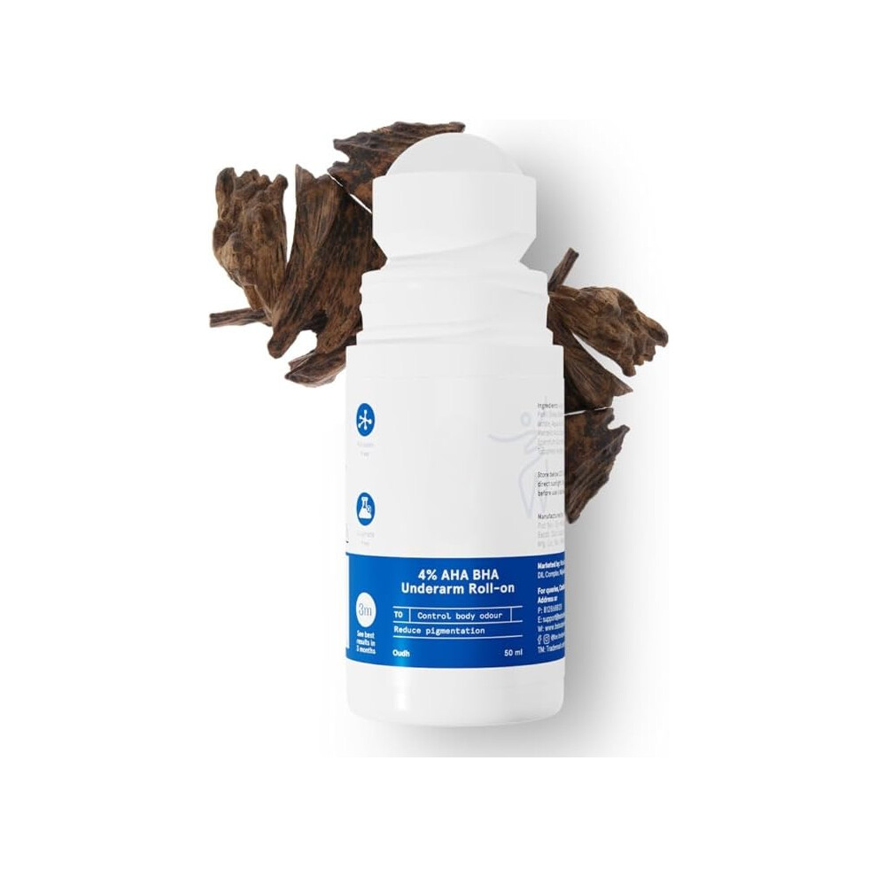 Underarm Whitening Deodorant with 4% AHA BHA, Oudh Scent, Alcohol Roll On for Odor Control