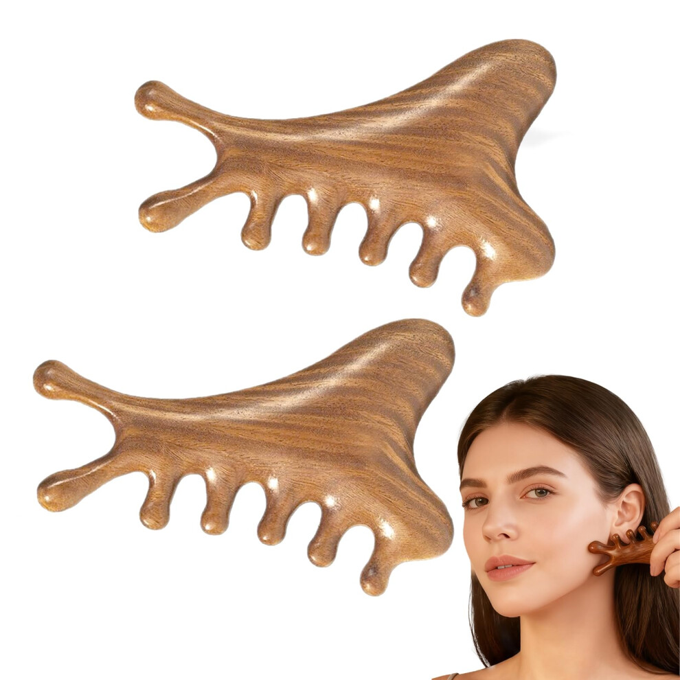2pcs Natural Sandalwood Gua Sha Tool and Scalp Massage Comb, 4in1 Facial Body Sculpting and Lymphatic Drainage