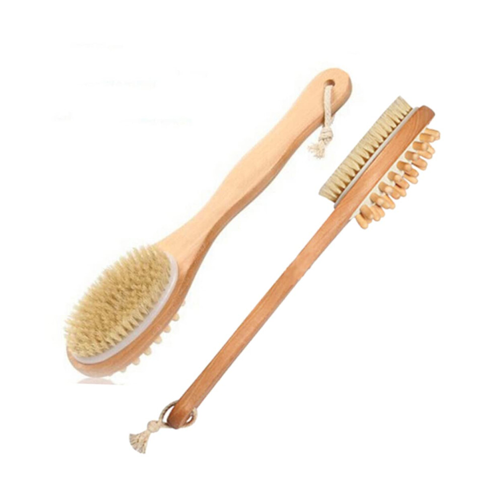 Long Handle Bath Brush with Natural Bristles, DualSided Back Scrubber for Shower and Exfoliation