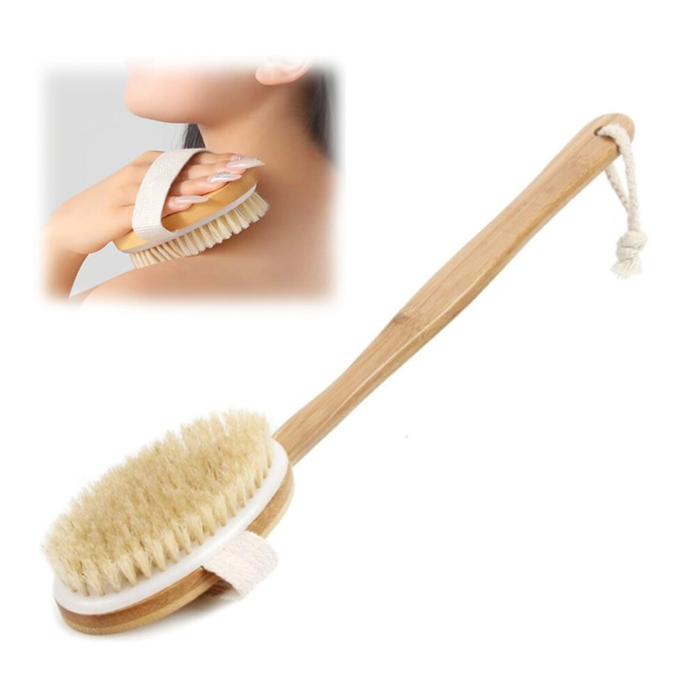Bath Brush with Long Wooden Handle, Natural Boar Bristle Back Scrubber for Gentle Skin Exfoliation