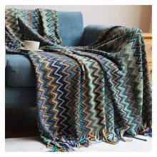 Bohemian Throw Blanket Blue 130x230cm Soft Breathable Knitted Tassel Design for Bed Sofa Travel