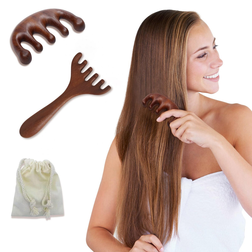 2 Pack Wooden Scalp Massager Comb, Sandalwood Head Gua Sha Tool for Hair Growth and Relaxation
