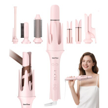 Automatic Hair Curler 7in1 Curling Iron and Straightener with Multiple Barrels, Dual Voltage, Frizz Negative Ions, Pink