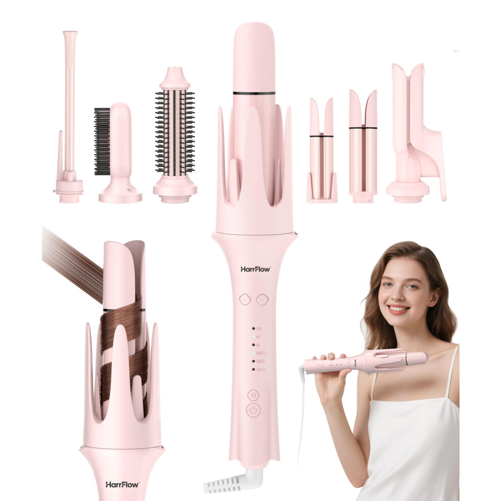 Pink Automatic Hair Curler 7In1 Curling Iron And Straightener With Multiple Barrels, Dual Voltage, Frizz Negative Ions,