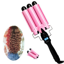 3 Barrel Curling Iron with LCD Display, Ceramic Tourmaline Hair Waver for Beach Waves, Dual Voltage Pink