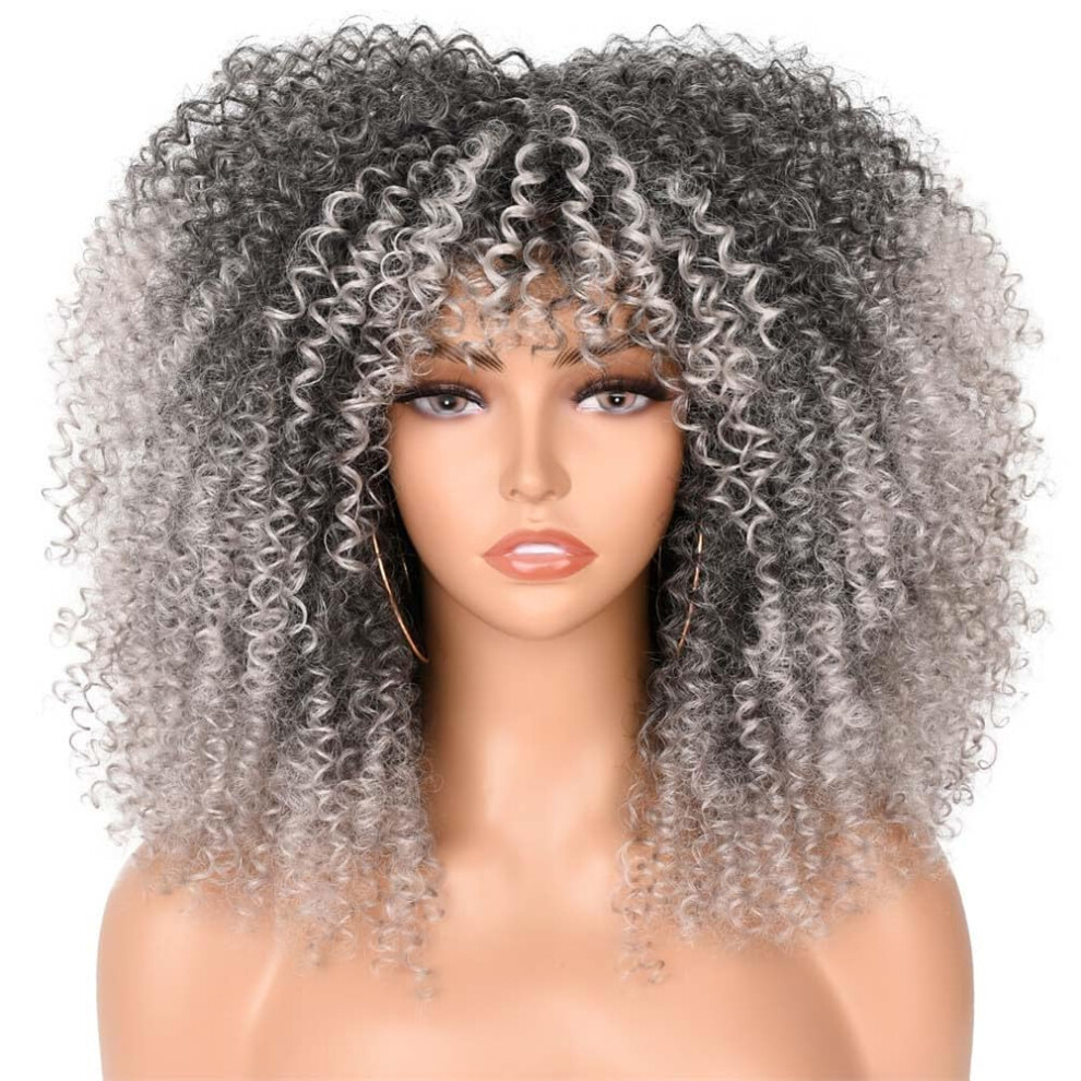16IN Brown Mixed Blonde Afro Curly Wig with Bangs for Black Women Synthetic Glueless Lace Wig Natural Look