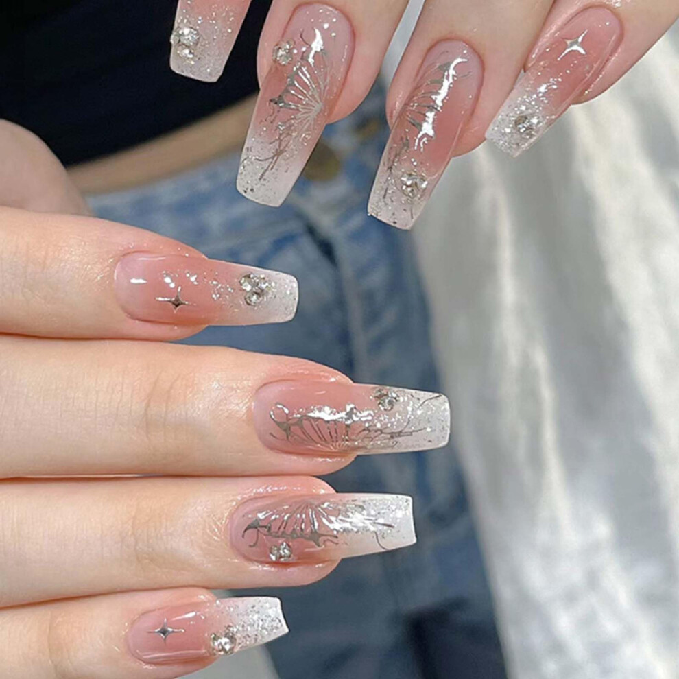 Long Coffin Press On Nails Gradient Glitter Acrylic Fake Nails for Women 24PCS SalonStyle Finish