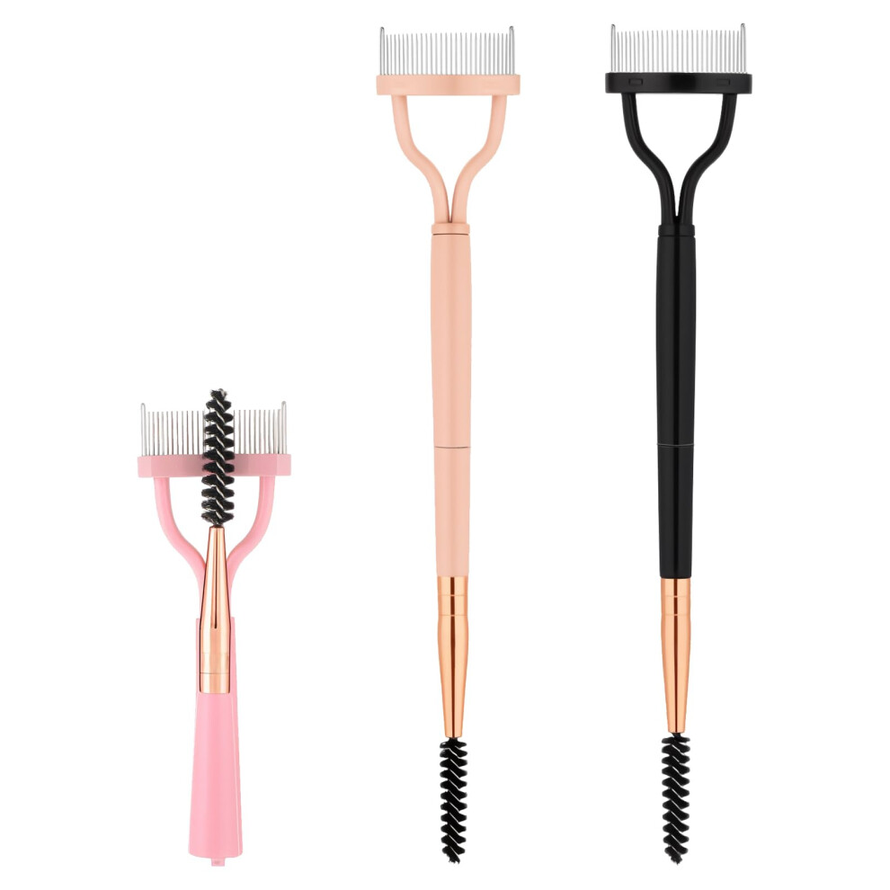 3PCS Eyelash Comb Separator with Spoolie Brush, Foldable Metal Lash Separator for Mascara Clumps (3 Colors)