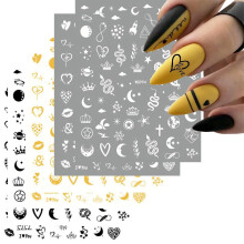 Valentine's Day Nail Stickers 3D SelfAdhesive Heart Art Decals Gold Black DIY Manicure, 6 Sheets