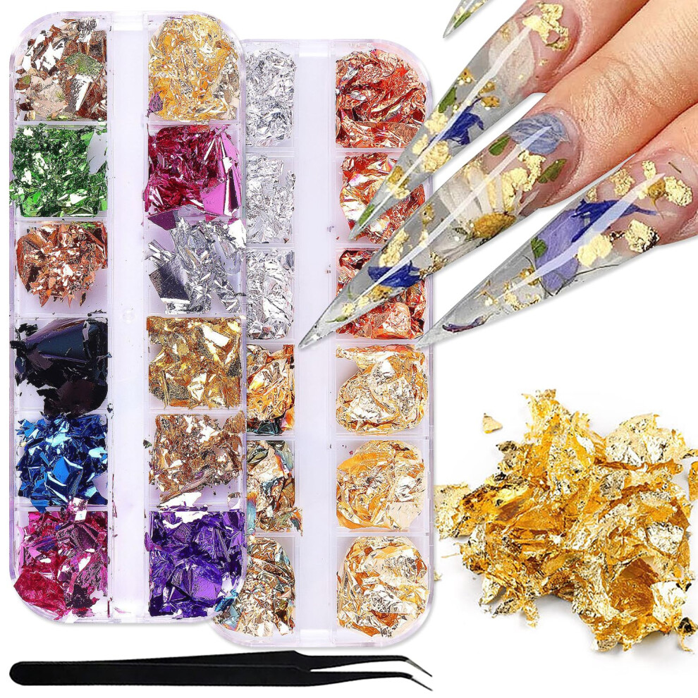 Gold/Silver Holographic Nail Foil Flakes Kit Multicolor Glitter With Tweezers For Nail Art