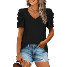 Sommerbluse für Damen, Kurzarm, V-Ausschnitt, Puffärmel, lässiges, locker geschnittenes Oberteil mit Falten, atmungsaktives, leichtes Material