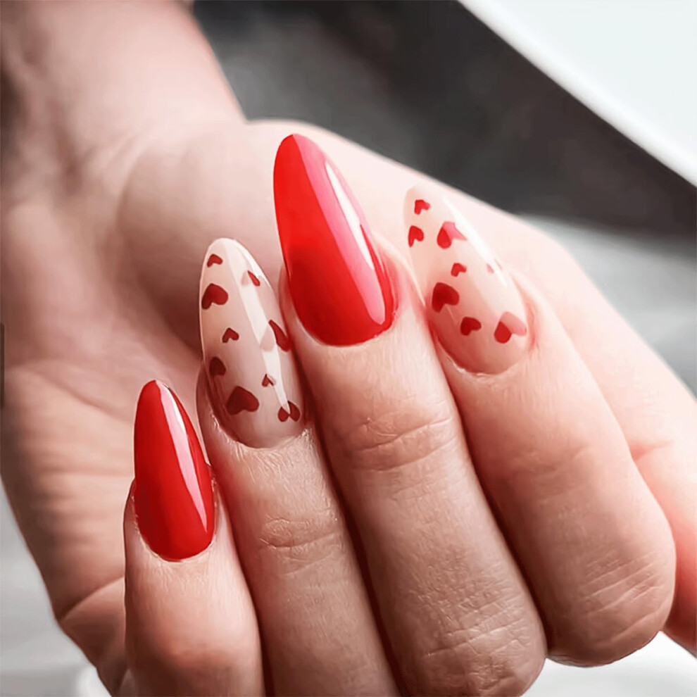Red Valentine Press On Nails Medium Almond Heart Design Reusable Fake Nails With Glue Stickers 24Pcs