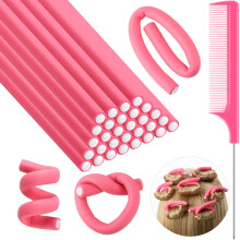 30pcs No Heat Hair Curlers Flexible Foam Curling Rods Set with Rat Tail Comb for All Hair Types Pink