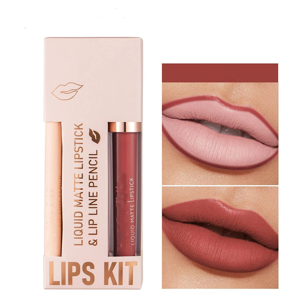 Matte Liquid Lipstick and Lipliner Set 2Pcs Waterproof Long Lasting Velvety NonStick Cup Finish