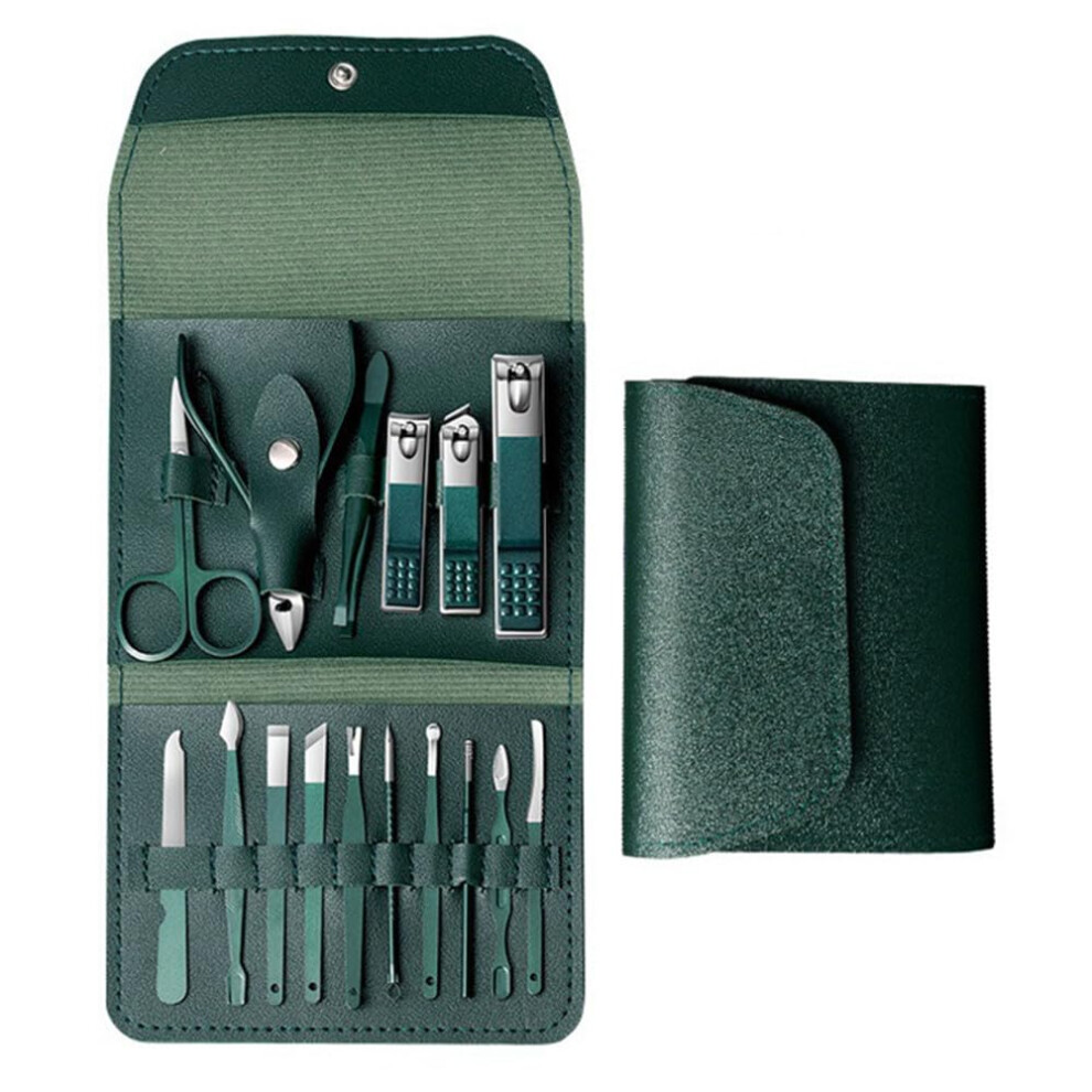 Dark/Green Nail Clippers Stainless Steel Cutter Set For Manicure Pedicure With Nonslip Grip, 16Pcs