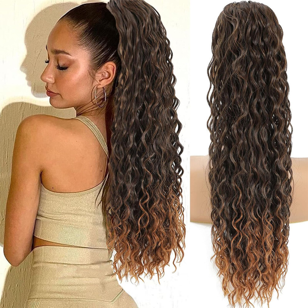 Drawstring Ponytail Extension 22 Inch Bohemian Curly Synthetic Hairpiece Ombre Brown with Natural Texture