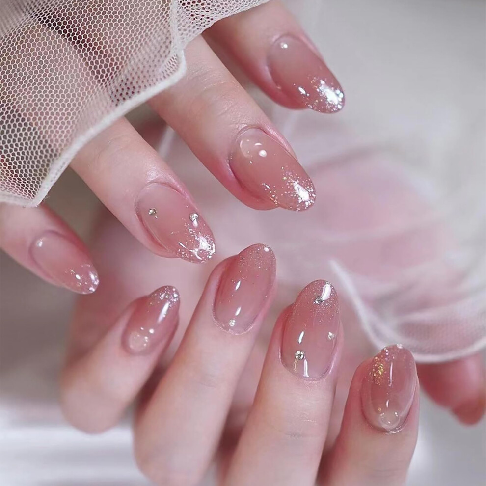 Pink,Cream Nude Pink Press On Nails Short Oval With Rhinestones Glitter Ombre Valentine's Day Fake Nails