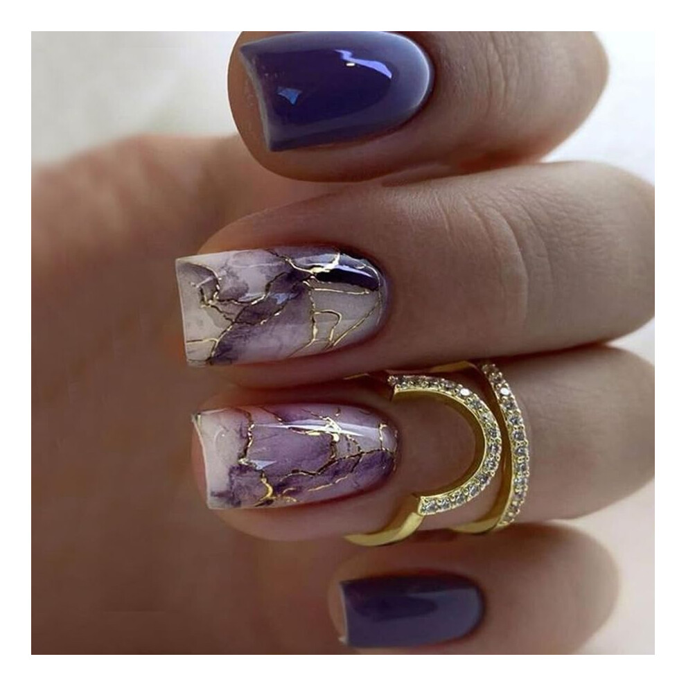 Gold,Purple Purple Marble Press On Nails Gold Foil Short Square Glossy Coffin Fake Nails Reusable Set