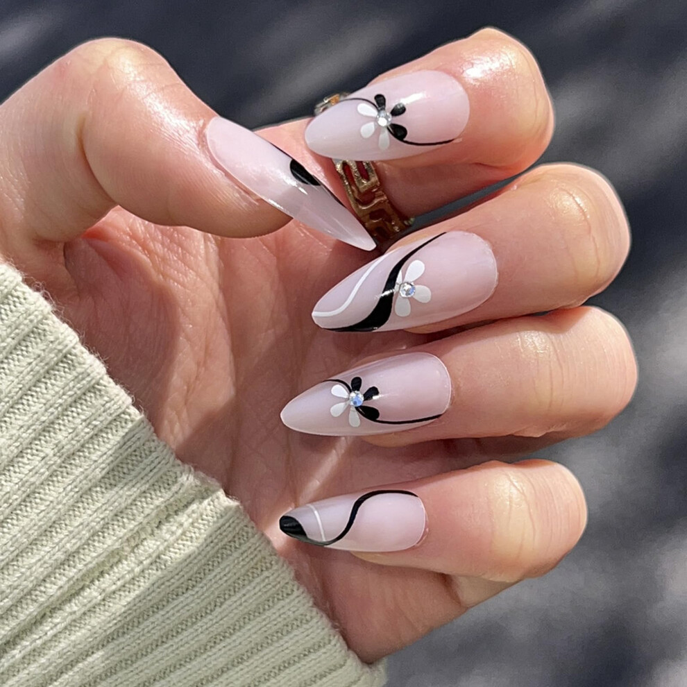 Medium Almond Press On Nails with Rhinestones Transparent Glossy Fake Nails Set 24Pcs for Women