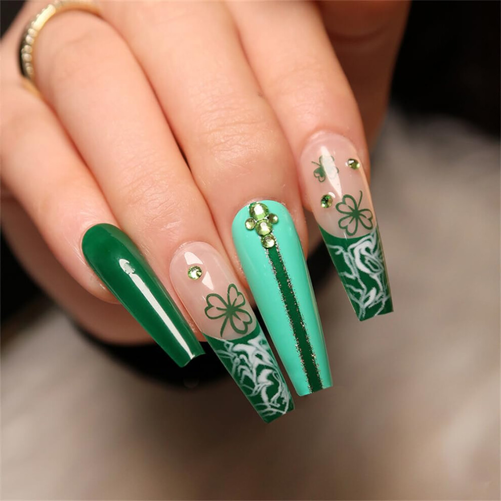 Long Coffin Press On Nails with Four Leaf Design, 24pcs Full Cover Fake Nails for Women