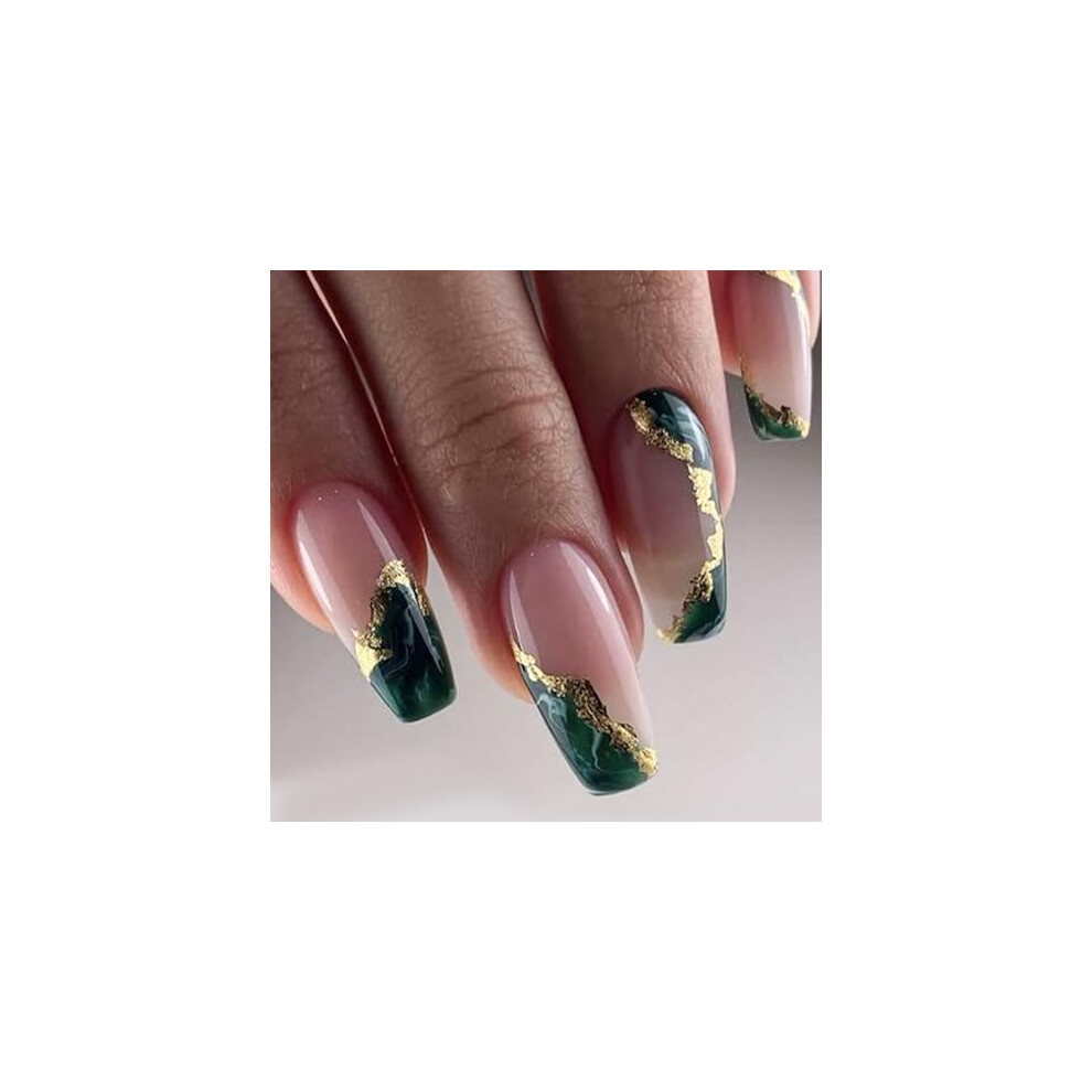 Green,Gold Green Marble Coffin Press On Nails With Gold Glitter, Medium Reusable Acrylic Fake Nail Set
