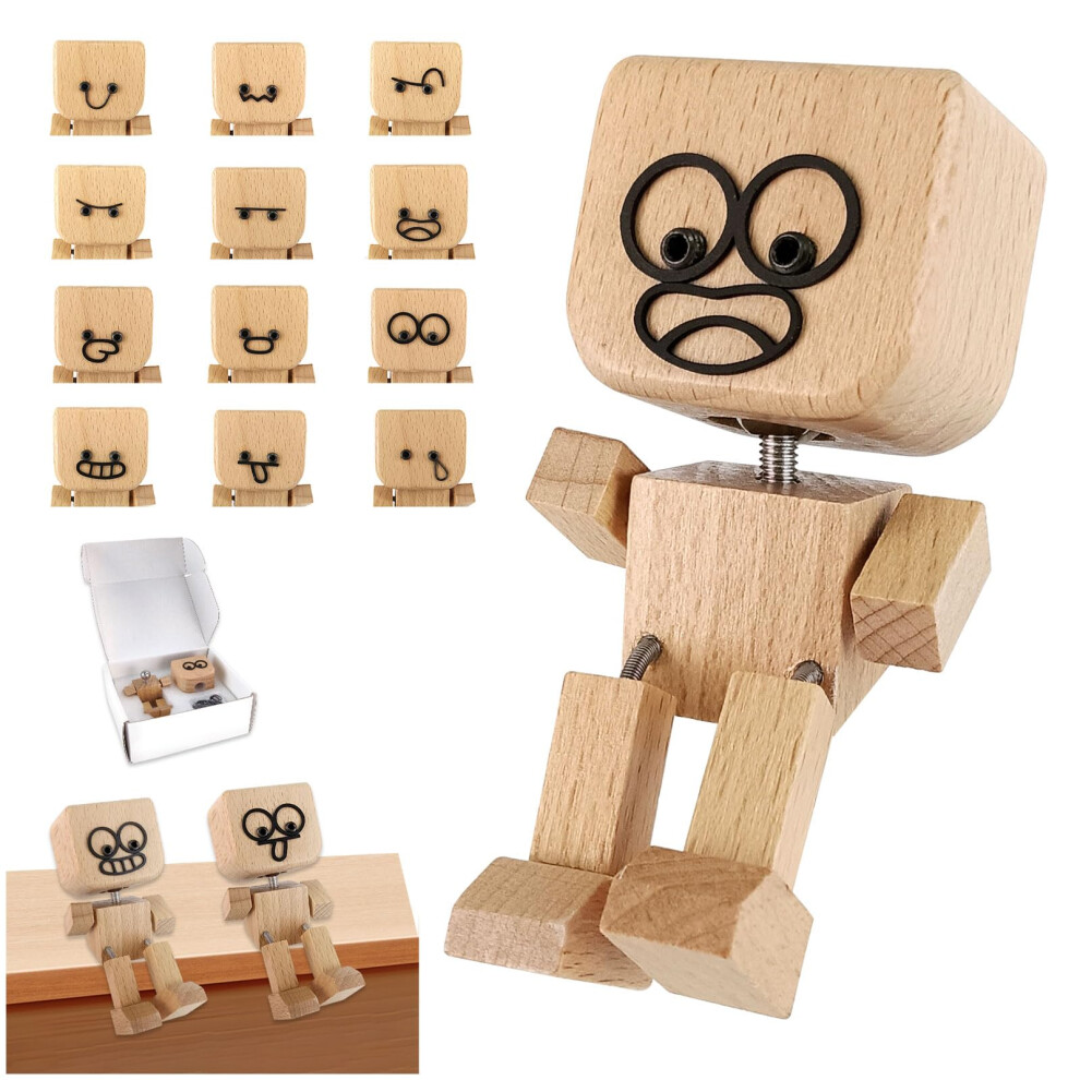 Wooden Bobblehead For Car Dashboard With 12 Interchangeable Expressions, Handmade Shaking Wooden Figurine 9070919033308