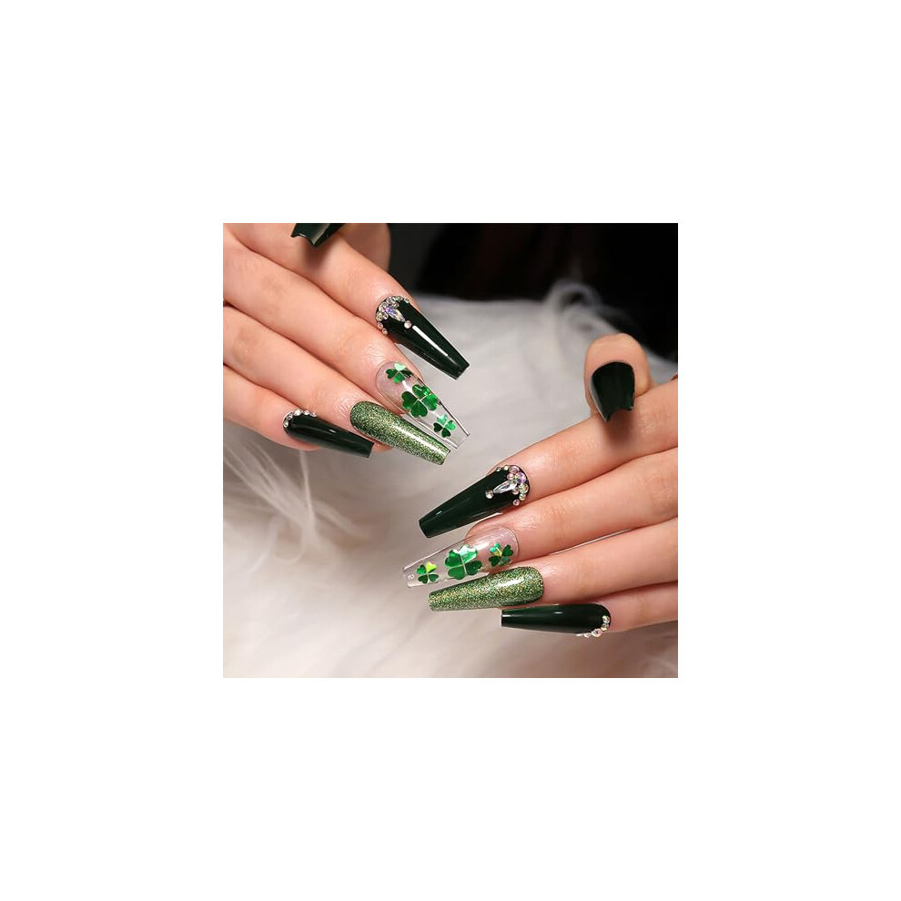 Green St Patrick's Day Press On Nails Shamrock Coffin Acrylic False Nails Reusable Multiple Sizes